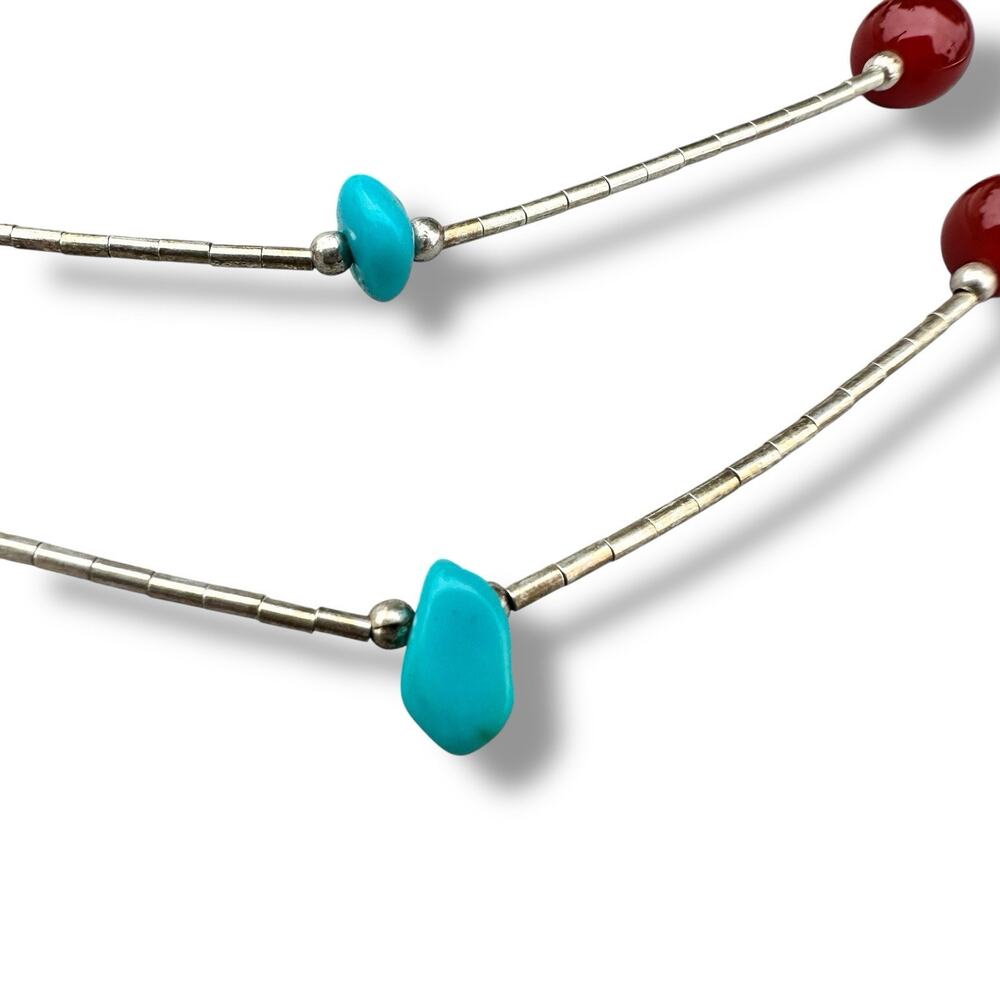 Sterling Liquid Silver Necklace Layered Turquoise Carnelian 925 Native Navajo - Picture 3 of 7